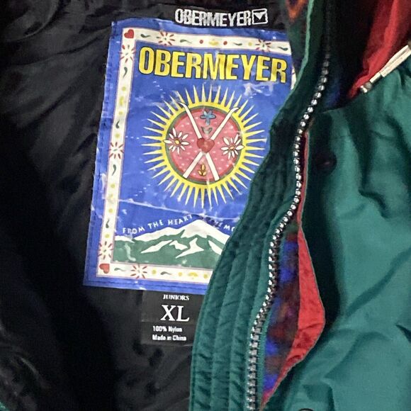 Obermeyer Ski Jacket Juniors Size XL Insulated Green Red Flowers 90s Vintage - Picture 3 of 4